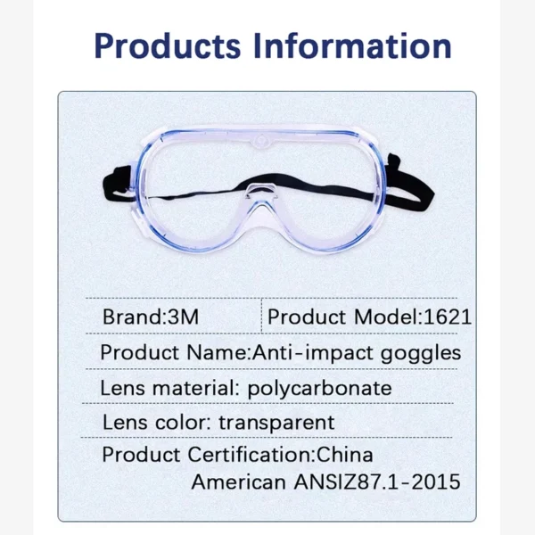 3M 1621 Safety Goggle Anti Splash Dust Proof Work Lab Eyewear Eye Protection Industrial Research Safety Glasses Clear Lens - Image 3