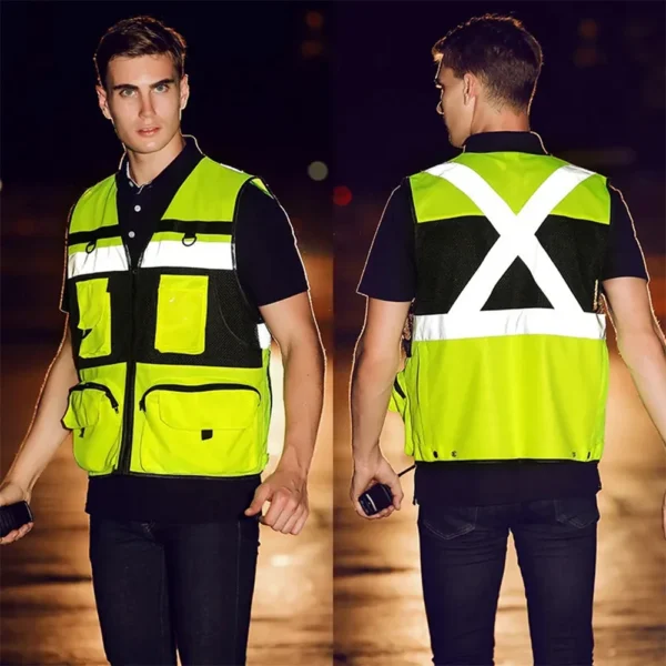 High Visibility Reflective Safety Vest Zippered Work Clothes Fishing Net Multi-Pocket Traffic Construction Night Safety Clothing - Image 2