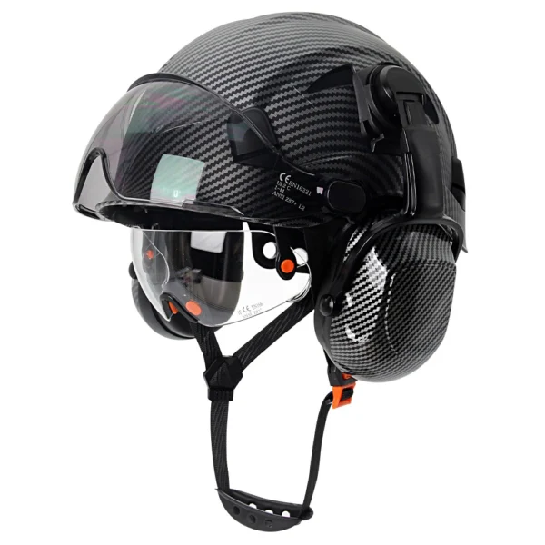 CE Carbon Fiber Safety Helmet W/ Earmuffs Double Goggles ABS Construction Hard Hat For Engineer High Quality Work Cap ANSI - Image 10