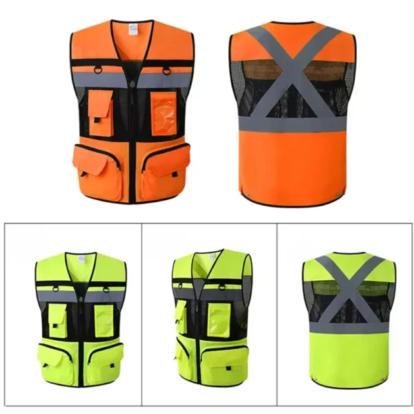 High Visibility Reflective Safety Vest Zippered Work Clothes Fishing Net Multi-Pocket Traffic Construction Night Safety Clothing - Image 6