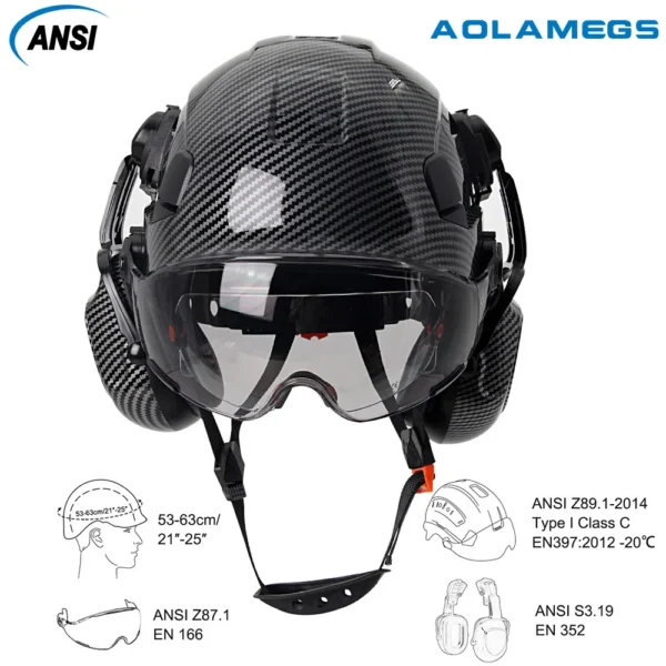 CE Carbon Fiber Safety Helmet W/ Earmuffs Double Goggles ABS Construction Hard Hat For Engineer High Quality Work Cap ANSI - Image 2