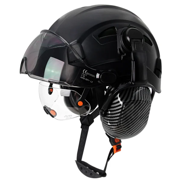 CE Carbon Fiber Safety Helmet W/ Earmuffs Double Goggles ABS Construction Hard Hat For Engineer High Quality Work Cap ANSI - Image 7