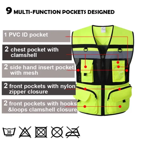 High Visibility Reflective Safety Vest Zippered Work Clothes Fishing Net Multi-Pocket Traffic Construction Night Safety Clothing - Image 3