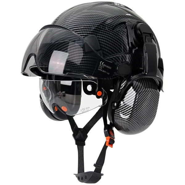 CE Carbon Fiber Safety Helmet W/ Earmuffs Double Goggles ABS Construction Hard Hat For Engineer High Quality Work Cap ANSI - Image 9