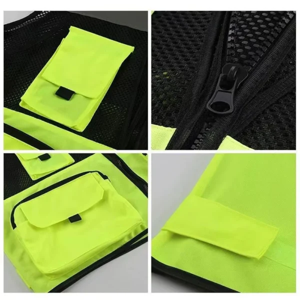 High Visibility Reflective Safety Vest Zippered Work Clothes Fishing Net Multi-Pocket Traffic Construction Night Safety Clothing - Image 4