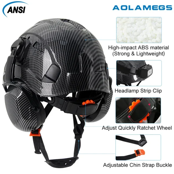 CE Carbon Fiber Safety Helmet W/ Earmuffs Double Goggles ABS Construction Hard Hat For Engineer High Quality Work Cap ANSI - Image 5