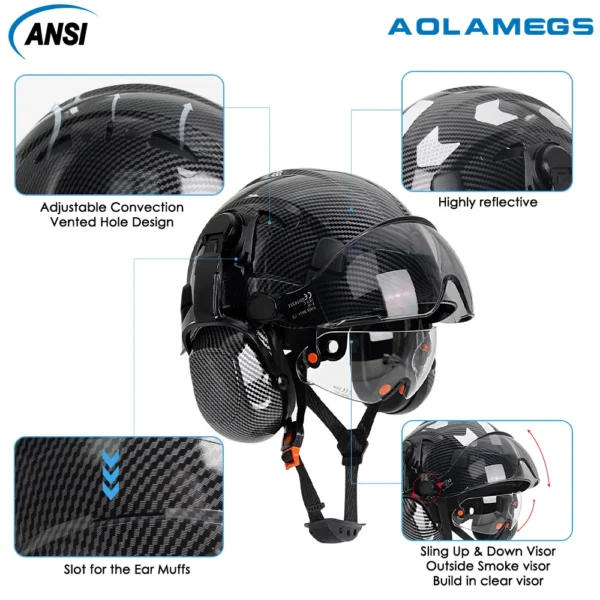 CE Carbon Fiber Safety Helmet W/ Earmuffs Double Goggles ABS Construction Hard Hat For Engineer High Quality Work Cap ANSI - Image 3