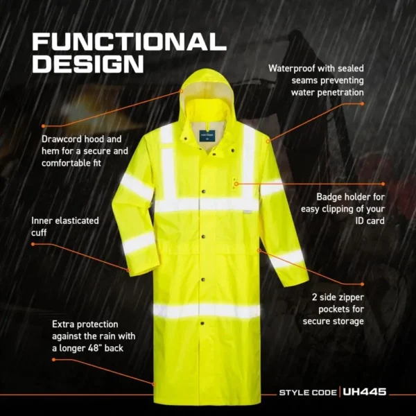 Stormguard UH445 Mens Classic Raincoat Waterproof Hi Vis Reflective Long Rain Jacket ANSI Class3Protective Outerwear Safety Gear - Image 4