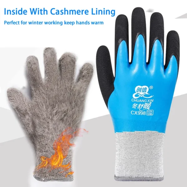 1Pair Winter Waterproof Work Safety Thermal Gloves Anti-Slip Grip Rubber Garden Gloves For Worker Builder Hands Protection - Image 3